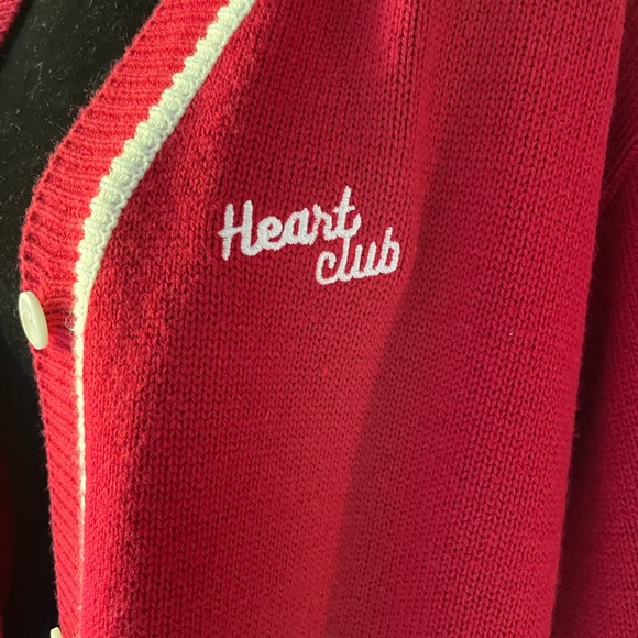 Mixxmix HEART CLUB Embroidered Logo Contrast Strips Knit Cardigan Red - Picture 6 of 9